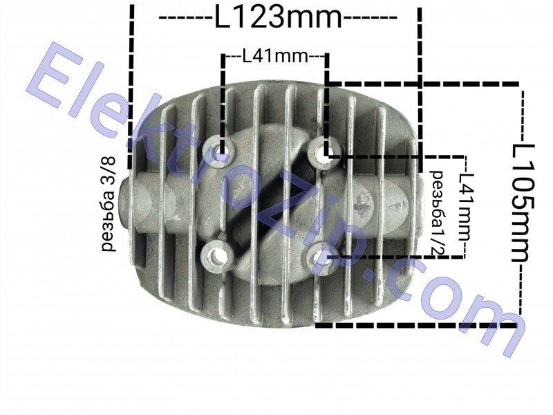 Фото -  Прямая головка цилиндра с перемычкой, для компрессора; размер 123мм/105мм, размер крепления по центрам 41мм/41мм, резьба под 20мм 1/2, 16мм 3/8